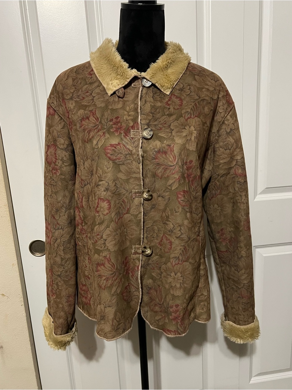 Vintage Coldwater Creek Floral Faux-Suede Jacket with Faux-Shearling Trim